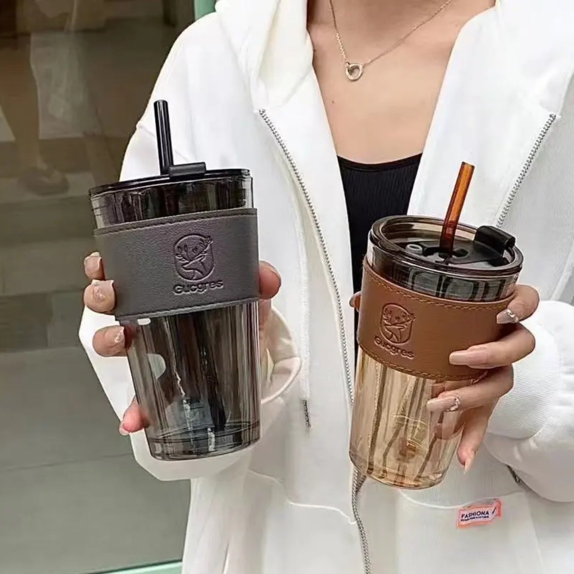Double Walled Glass Tumbler with Straw & Leather Sleeve