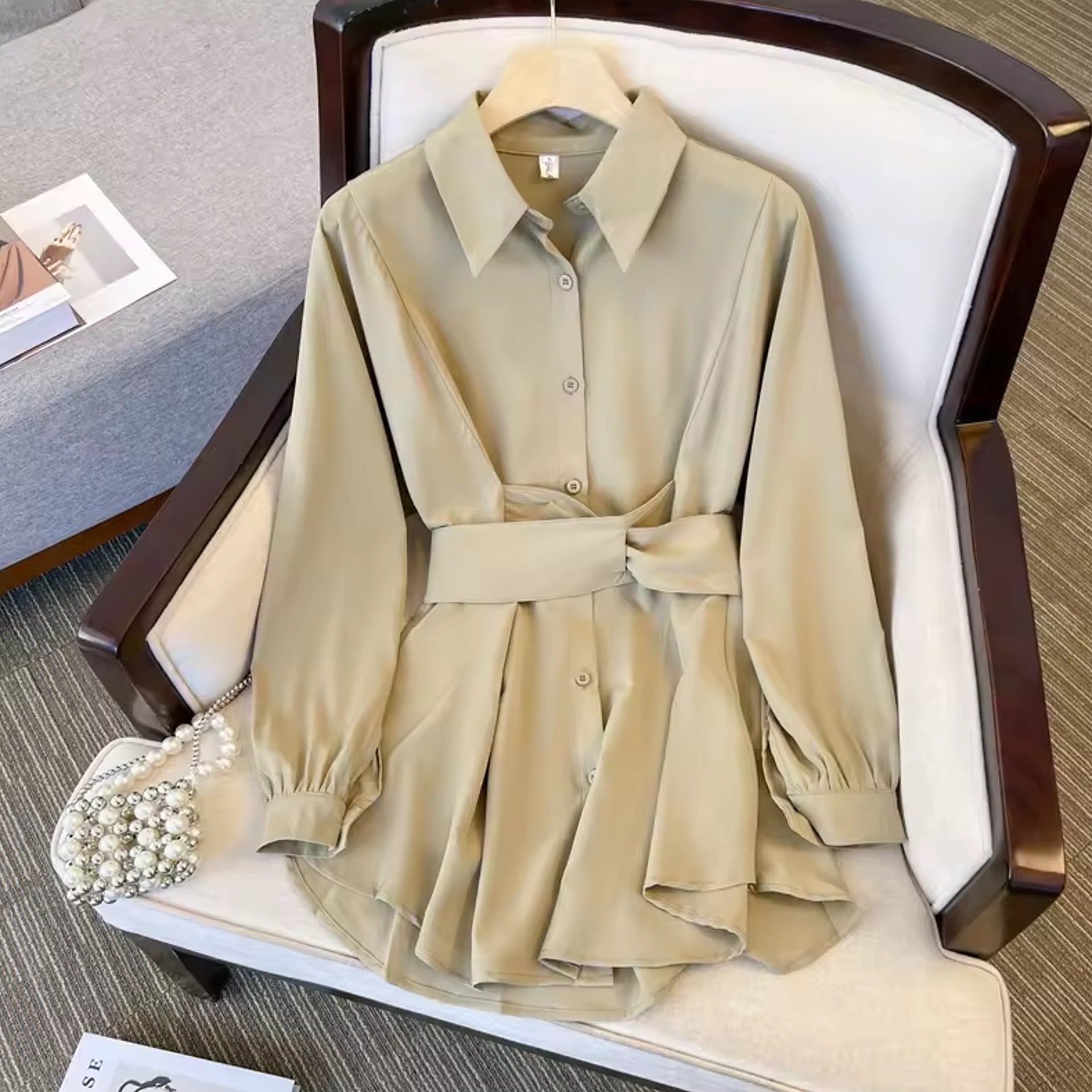 DROP SHOULDER FOLD PLEATED SHIRT DRESS