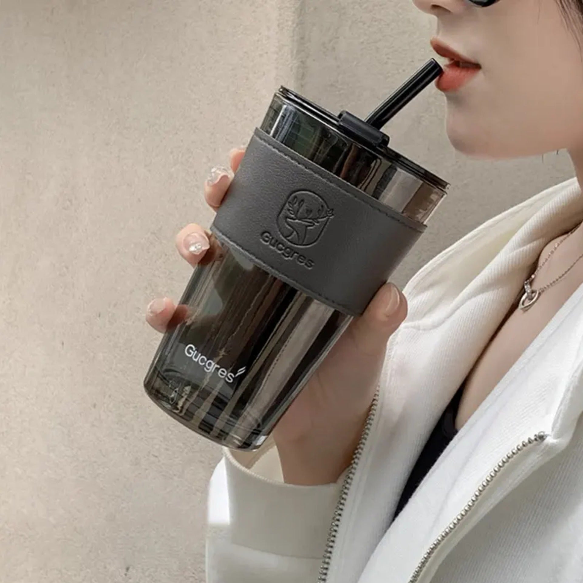 Double Walled Glass Tumbler with Straw & Leather Sleeve