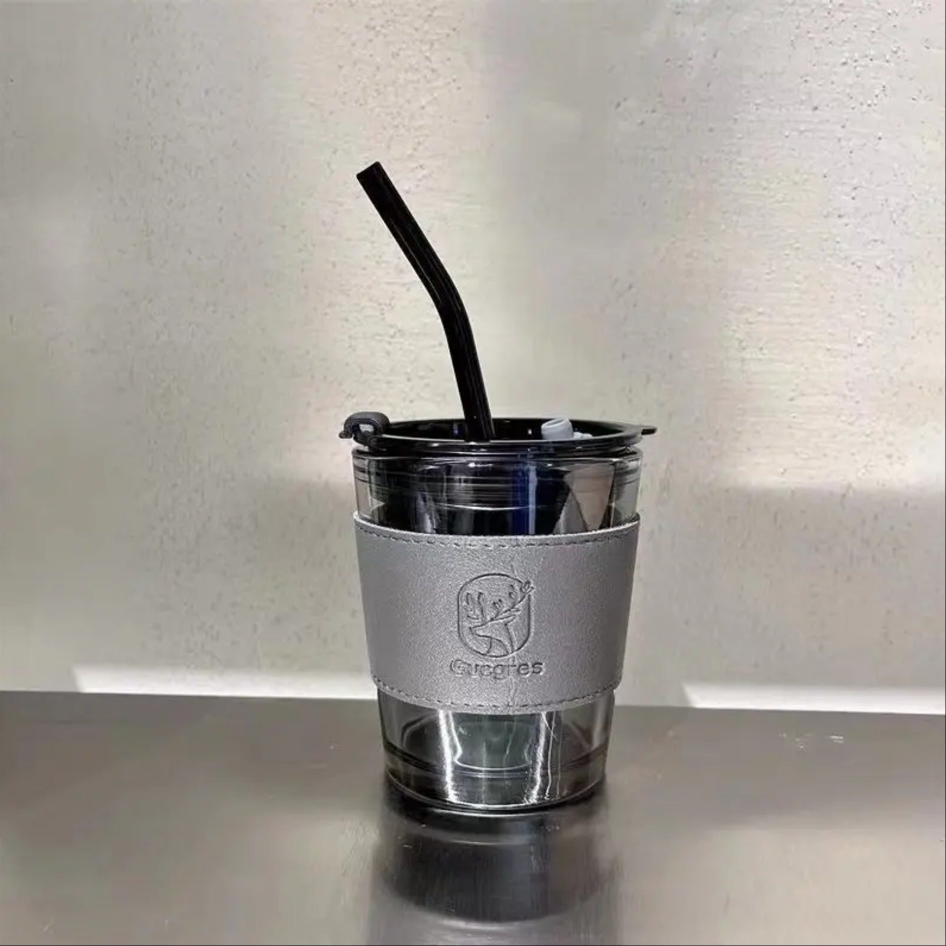 Double Walled Glass Tumbler with Straw & Leather Sleeve