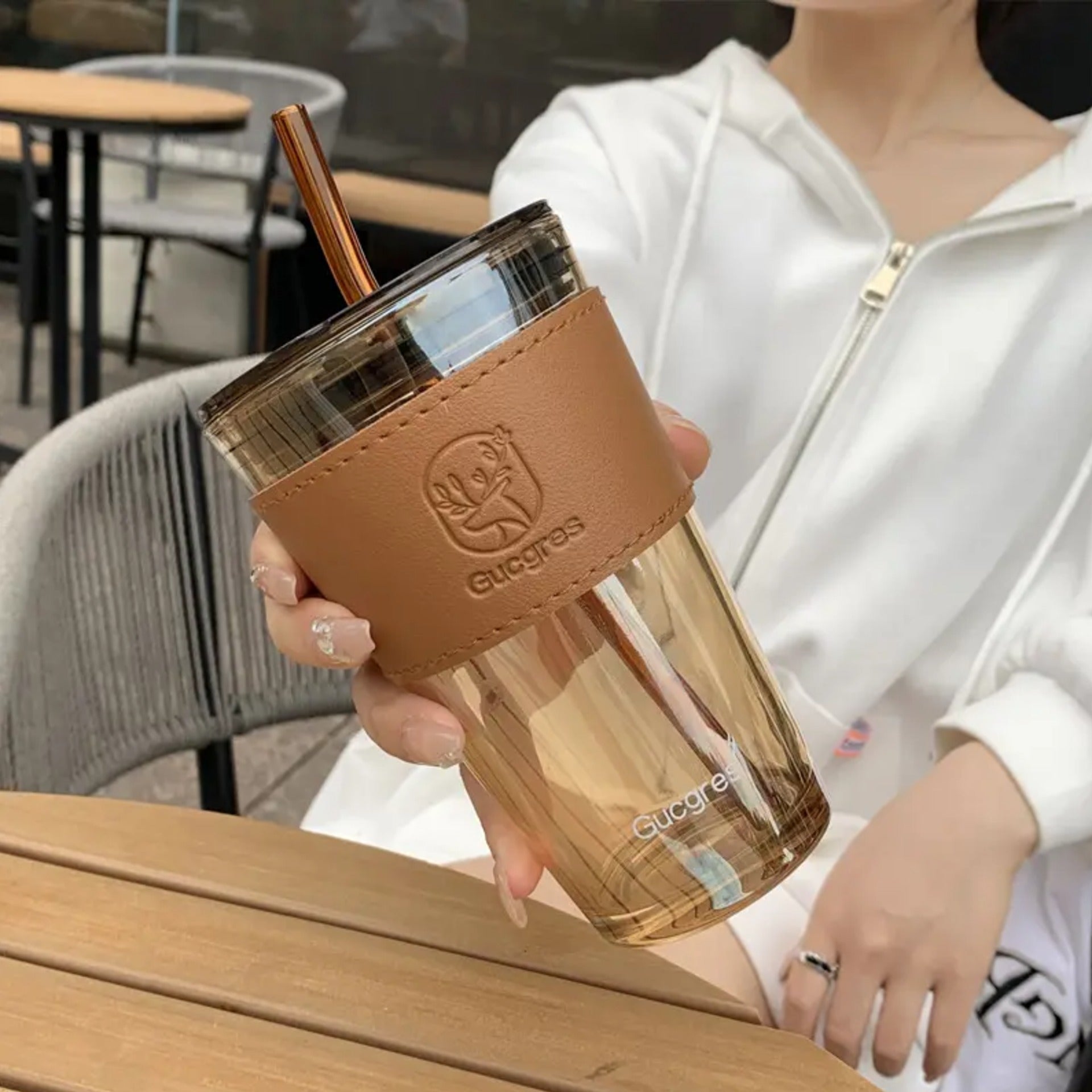 Double Walled Glass Tumbler with Straw & Leather Sleeve