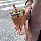 Double Walled Glass Tumbler with Straw & Leather Sleeve