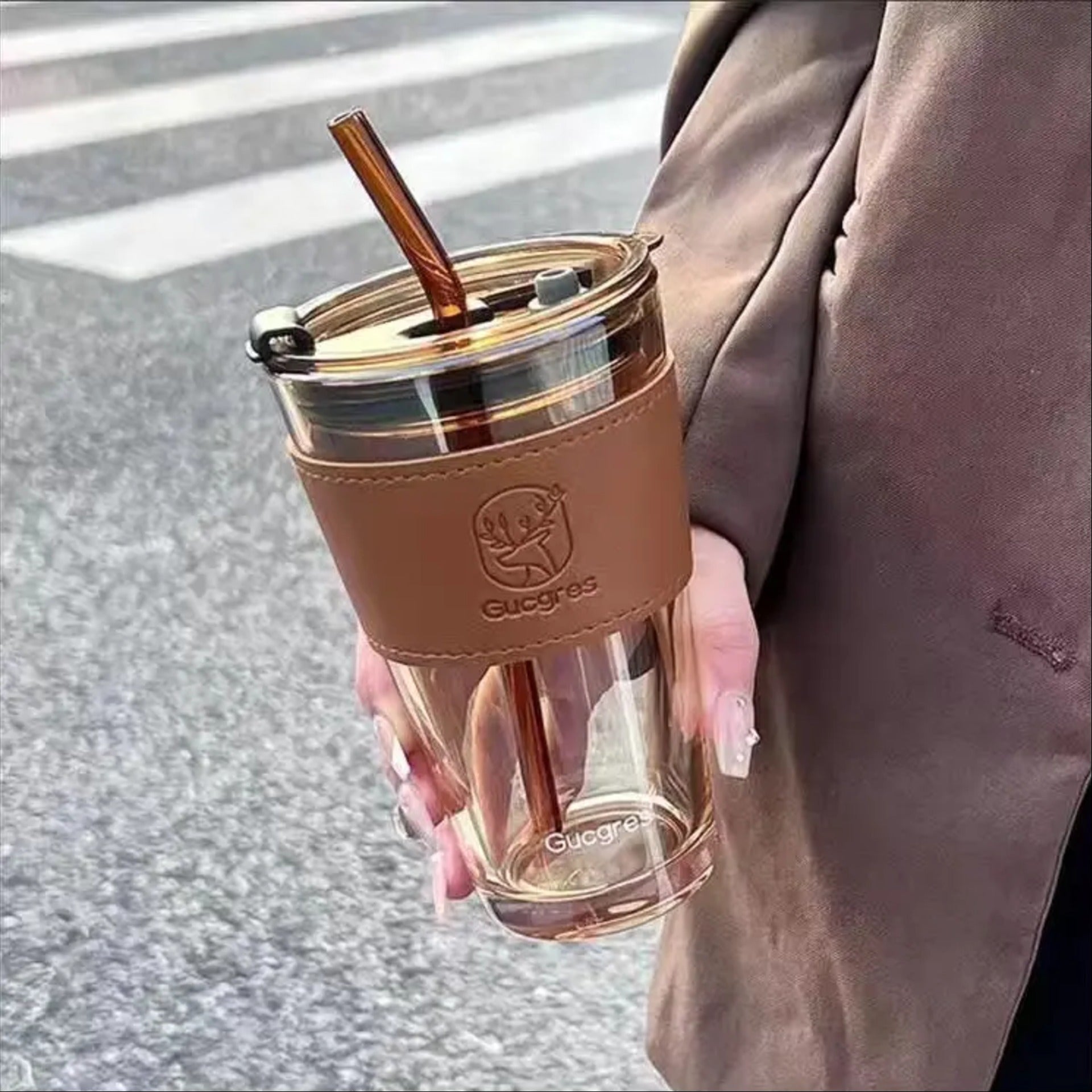 Double Walled Glass Tumbler with Straw & Leather Sleeve