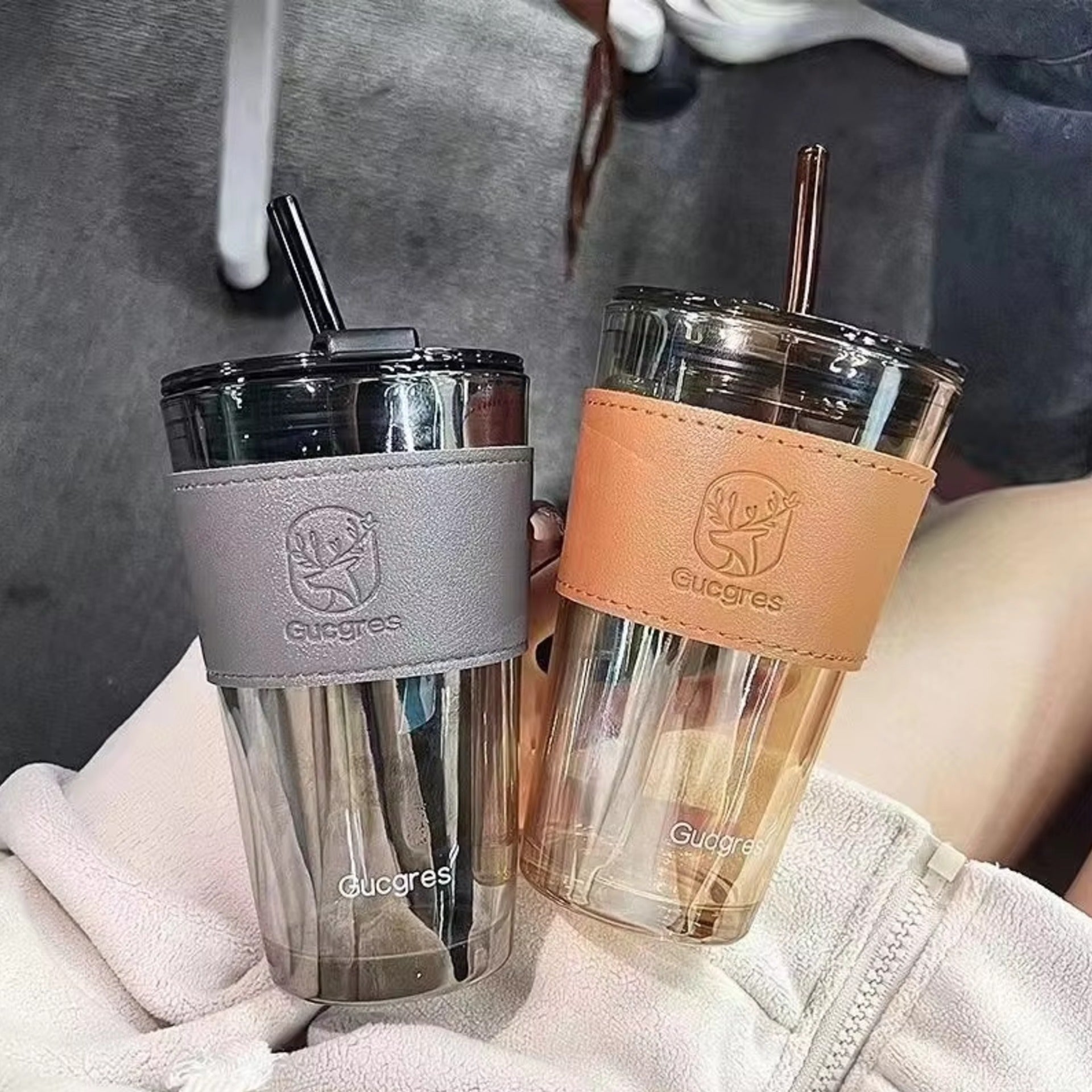Double Walled Glass Tumbler with Straw & Leather Sleeve