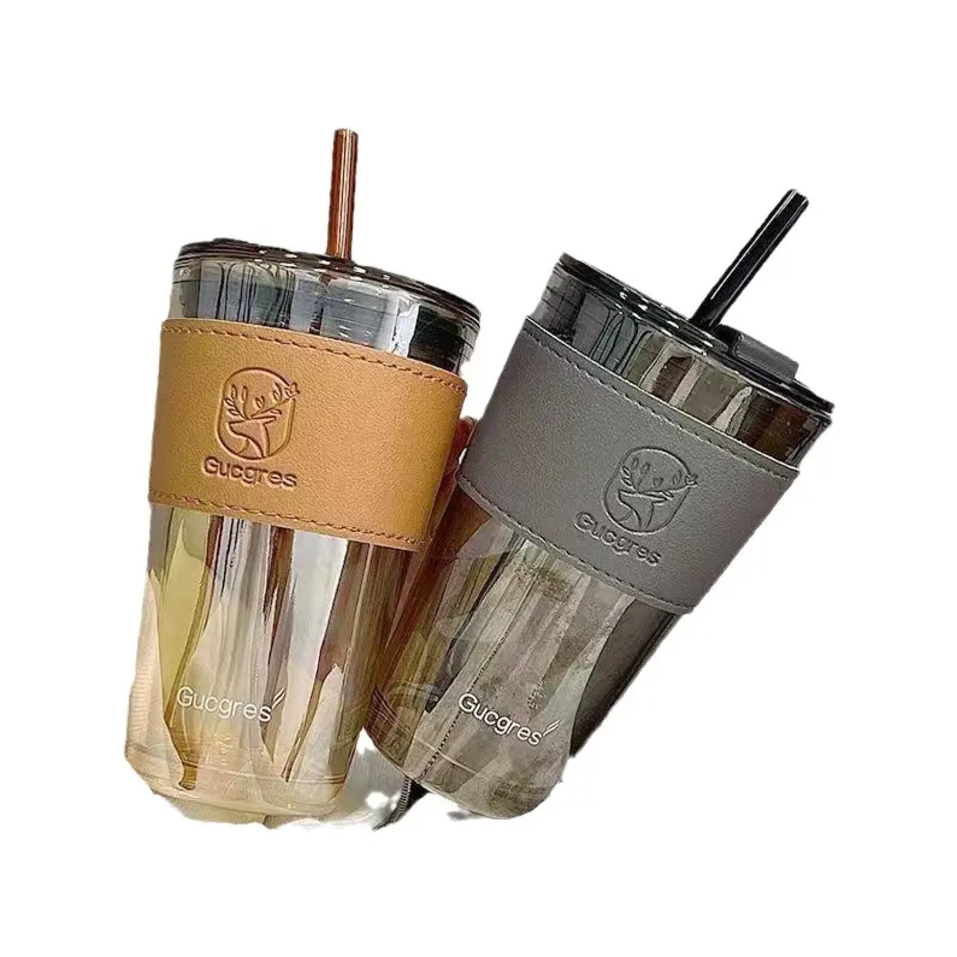 Double Walled Glass Tumbler with Straw & Leather Sleeve