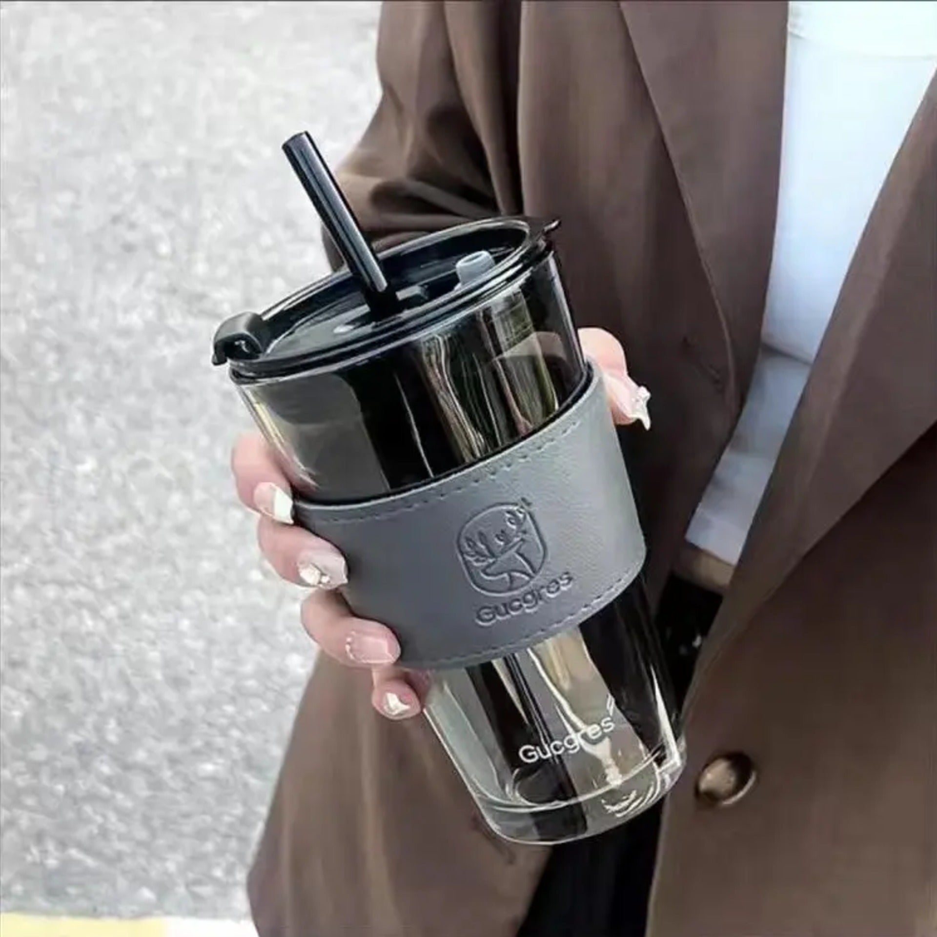 Double Walled Glass Tumbler with Straw & Leather Sleeve