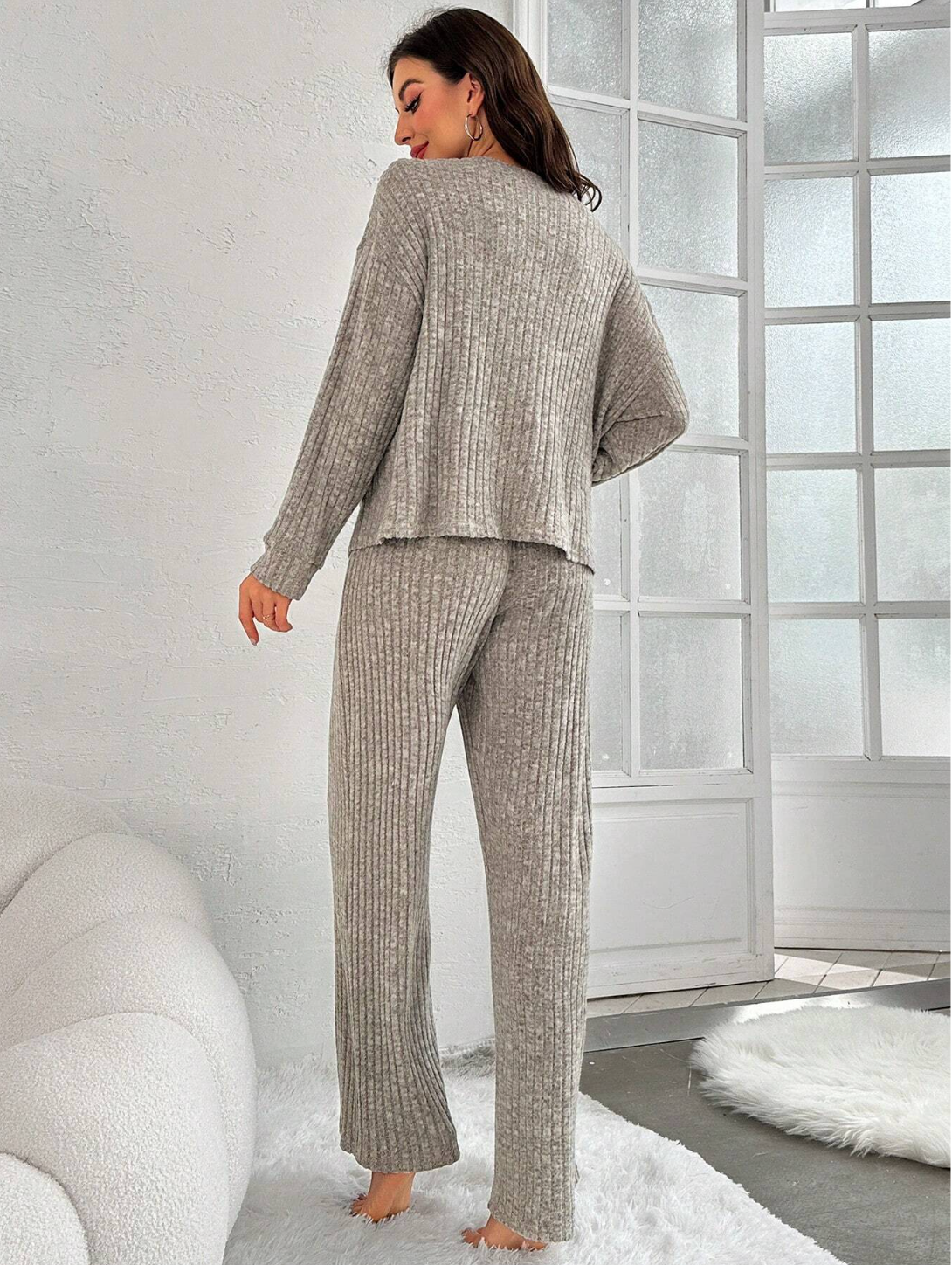Drop Shoulder Button Front Tee & Pants Lounge Set