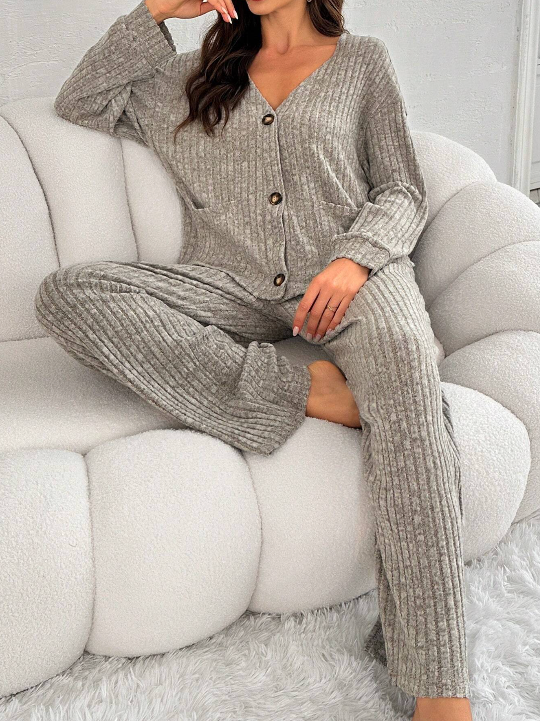 Drop Shoulder Button Front Tee & Pants Lounge Set