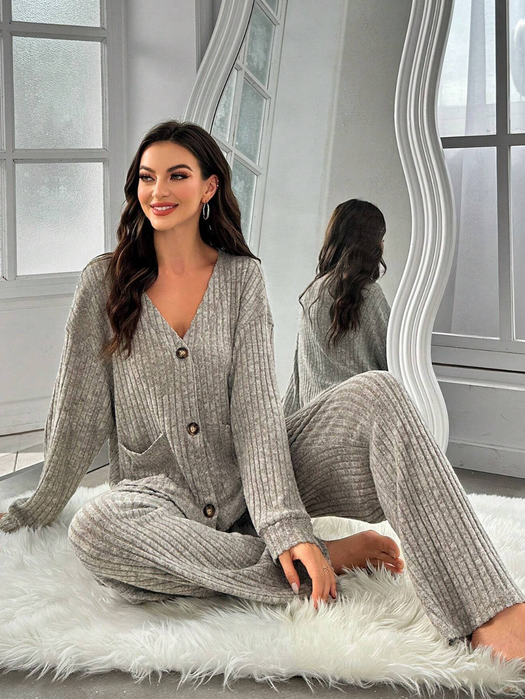 Drop Shoulder Button Front Tee & Pants Lounge Set