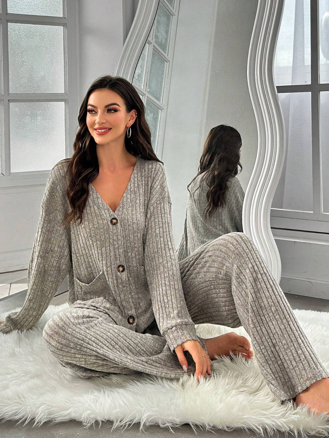 Drop Shoulder Button Front Tee & Pants Lounge Set