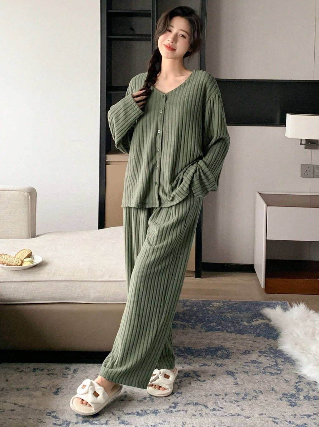 DAZY Solid Knit V-Neck Drop Shoulder Lounge Wear Set