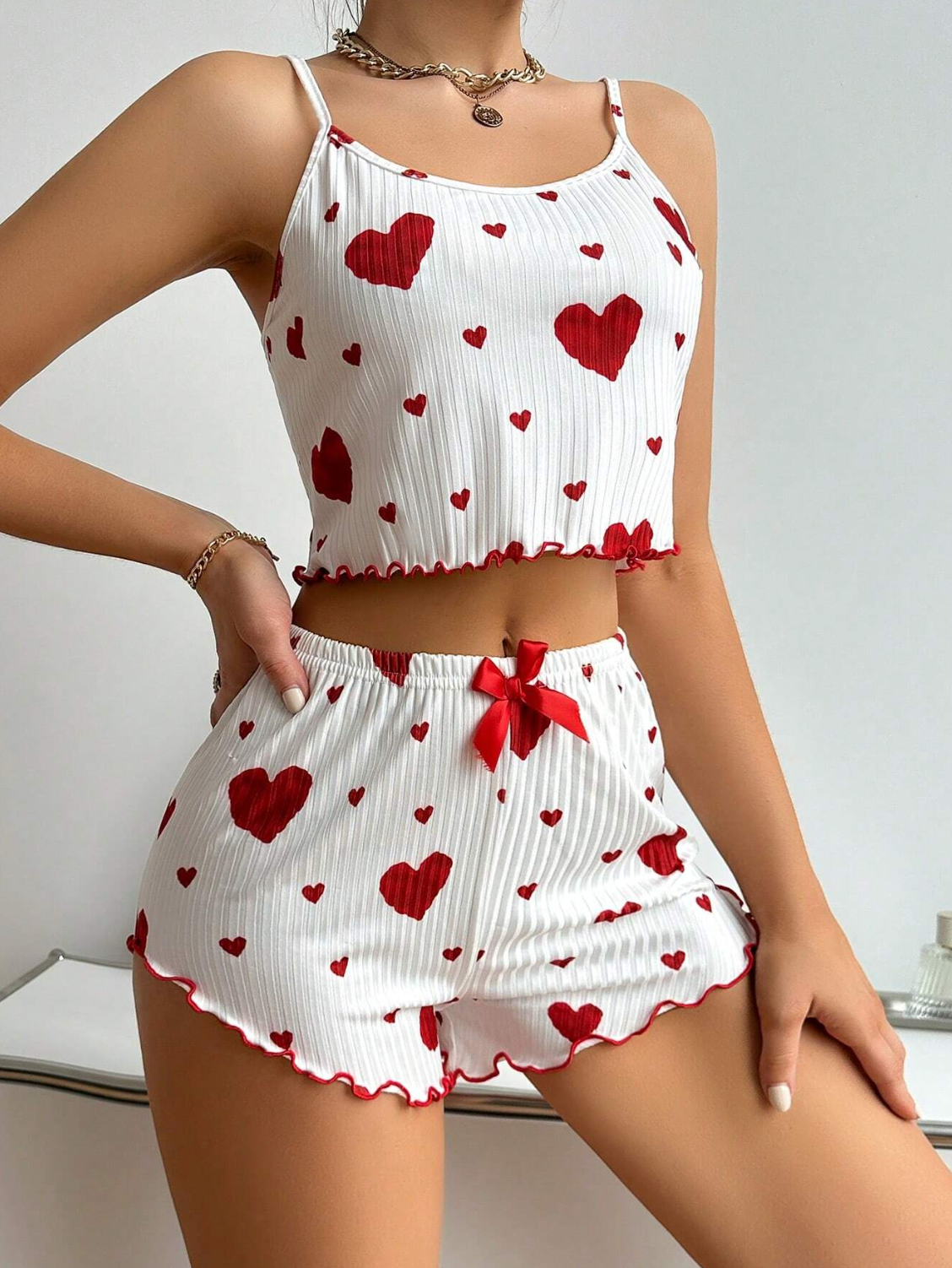 White And Red Heart Print Co Ord Set